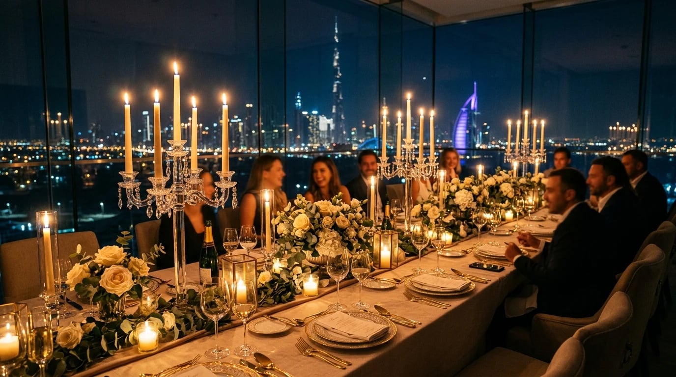Candlelit private dinner party with Dubai skyline views, planned by Gala Pro Events