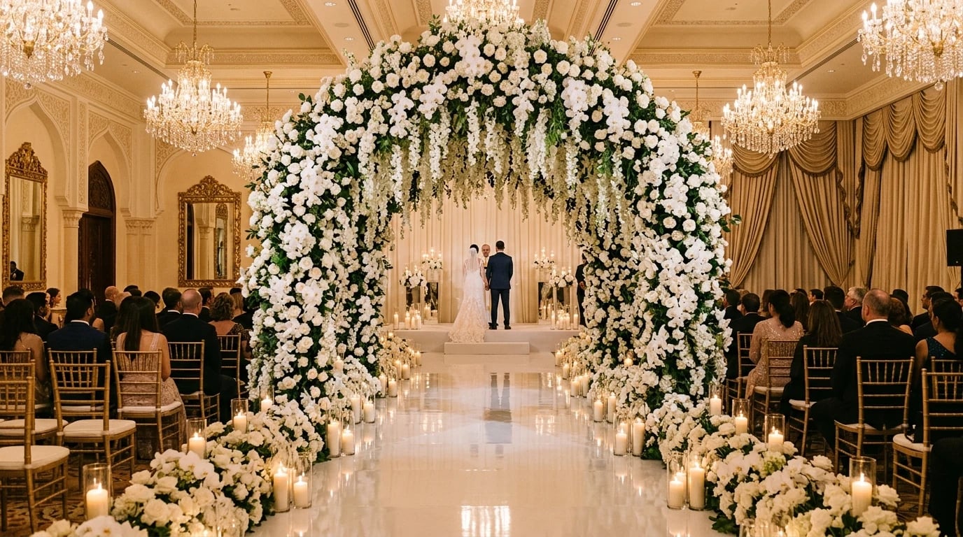 Wedding ceremony under a white floral arch in a Dubai ballroom, styled by Gala Pro Events